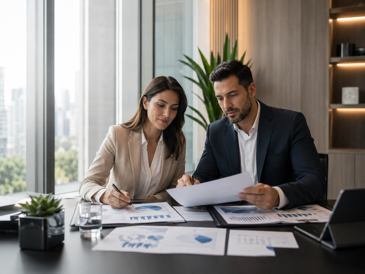 Profissionais analisando documentos em reunião corporativa