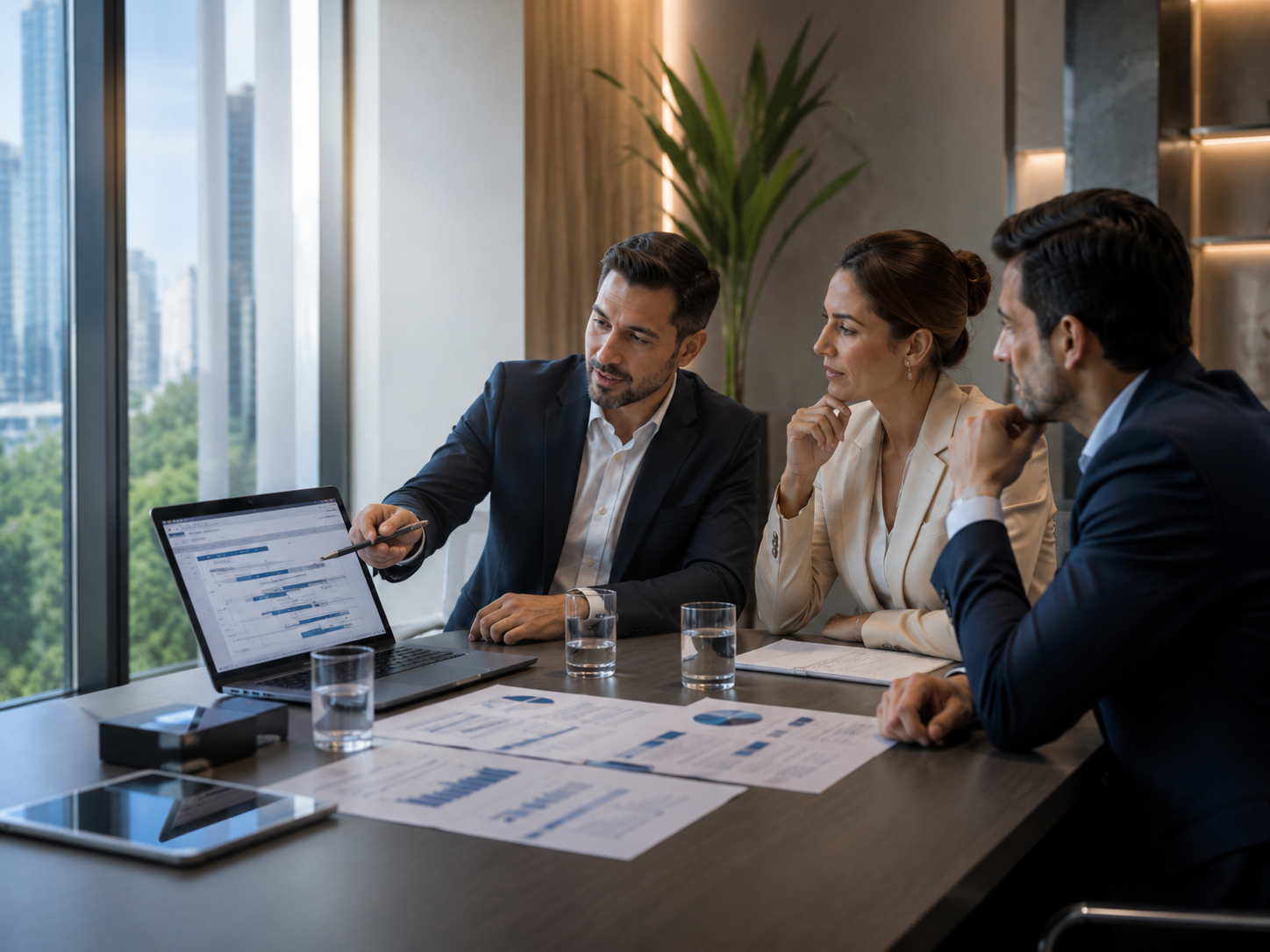 Equipe analisando documentos e planejamento empresarial