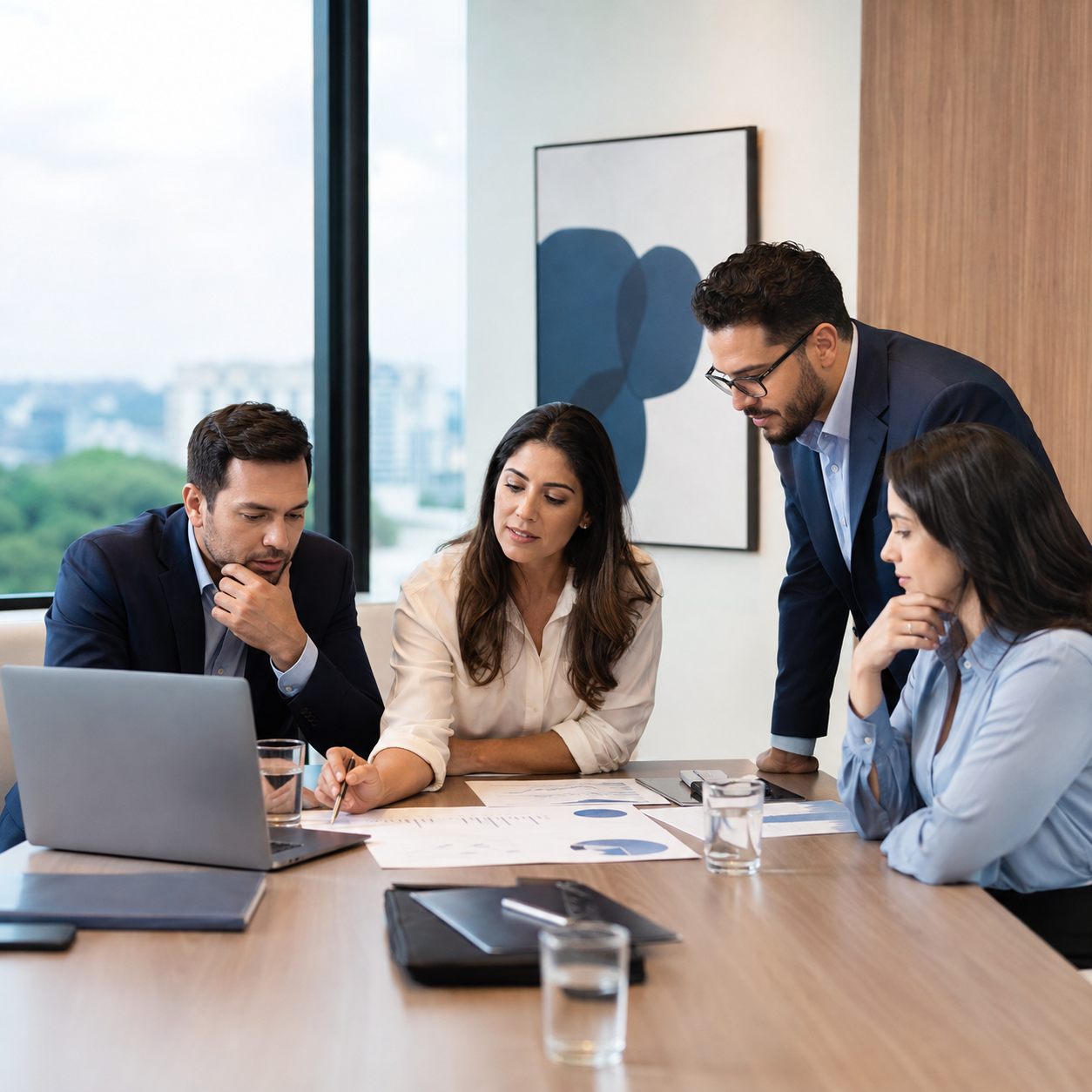 Equipe executiva analisando um projeto odontológico empresarial